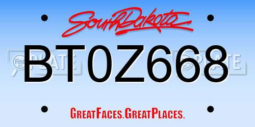 BT0Z668 South Dakota License Plate