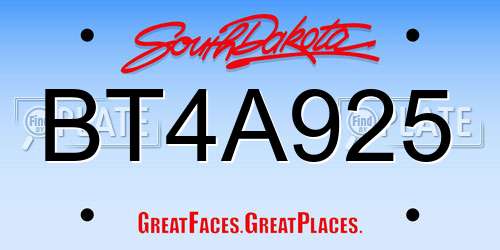 BT4A925 South Dakota License Plate