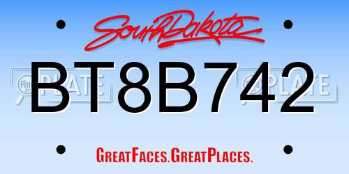 BT8B742 South Dakota License Plate