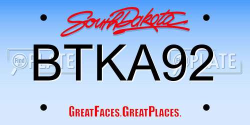 BTKA92 South Dakota License Plate
