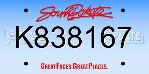 K838167 South Dakota License Plate