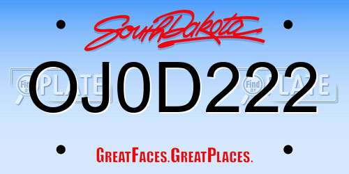 OJ0D222 South Dakota License Plate