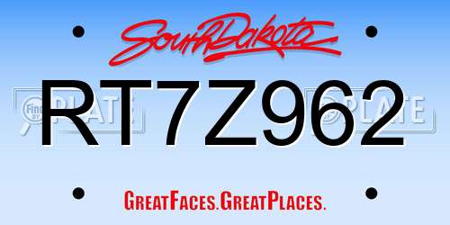 RT7Z962 South Dakota License Plate