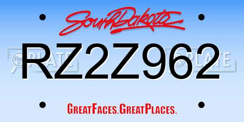RZ2Z962 South Dakota License Plate