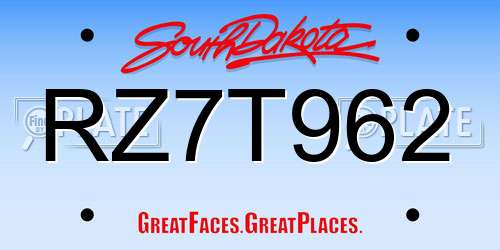 RZ7T962 South Dakota License Plate