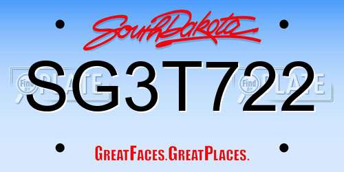 SG3T722 South Dakota License Plate