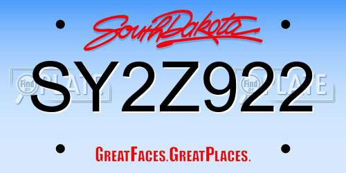 SY2Z922 South Dakota License Plate