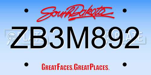 ZB3M892 South Dakota License Plate