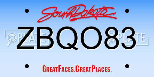 ZBQO83 South Dakota License Plate