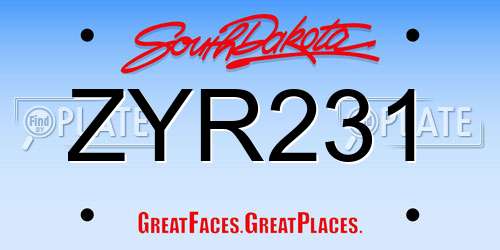 ZYR231 South Dakota License Plate