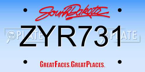 ZYR731 South Dakota License Plate