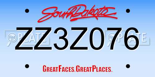 ZZ3Z076 South Dakota License Plate