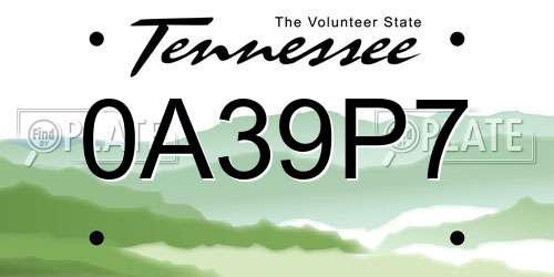 0A39P7 Tennessee License Plate
