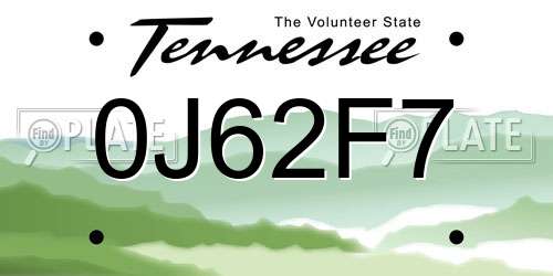 0J62F7 Tennessee License Plate