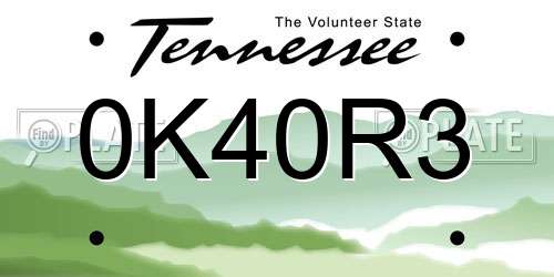 0K40R3 Tennessee License Plate