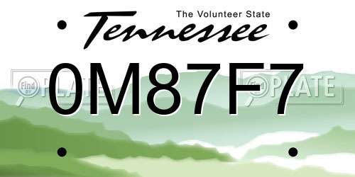 0M87F7 Tennessee License Plate