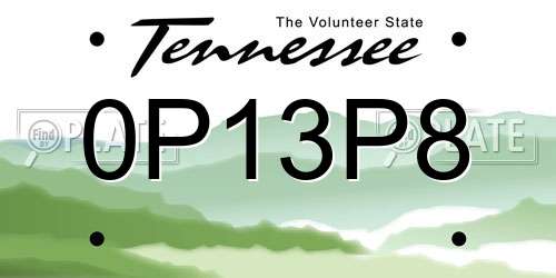 0P13P8 Tennessee License Plate