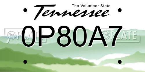 0P80A7 Tennessee License Plate