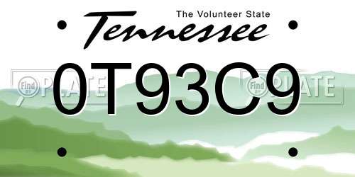0T93C9 Tennessee License Plate