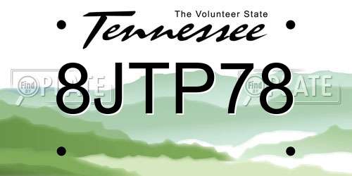 8JTP78 Tennessee License Plate