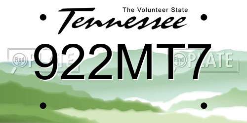 922MT7 Tennessee License Plate