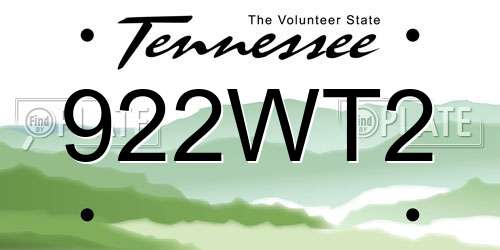 922WT2 Tennessee License Plate