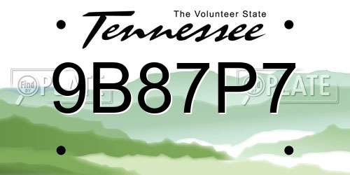9B87P7 Tennessee License Plate