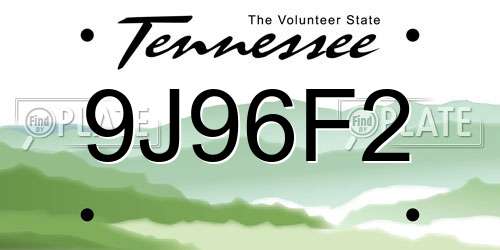 9J96F2 Tennessee License Plate