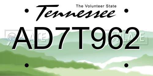 AD7T962 Tennessee License Plate