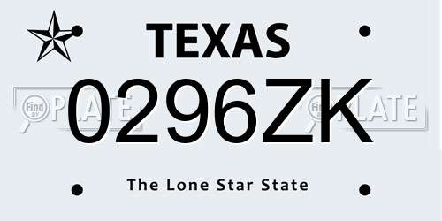 0296ZK Texas License Plate