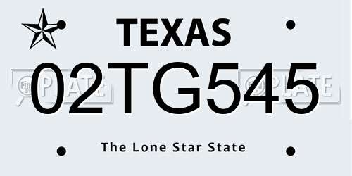 02TG545 Texas License Plate