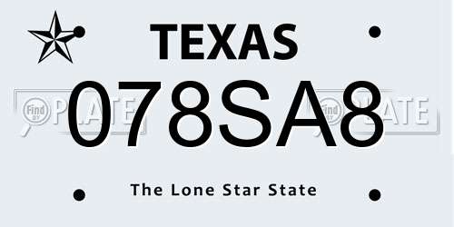 078SA8 Texas License Plate
