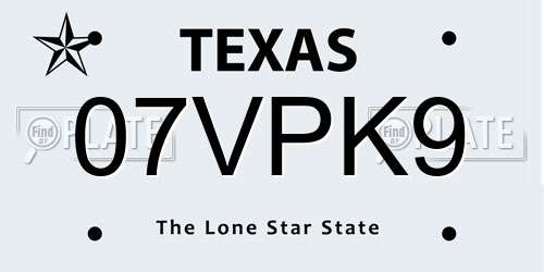 07VPK9 Texas License Plate