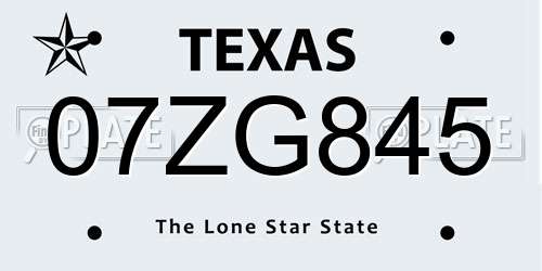 07ZG845 Texas License Plate
