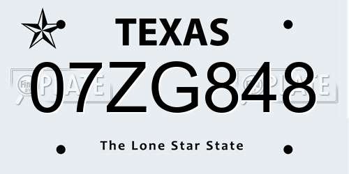 07ZG848 Texas License Plate