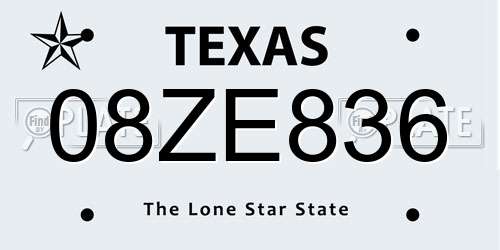 08ZE836 Texas License Plate