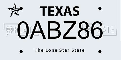 0ABZ86 Texas License Plate
