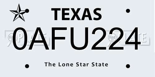 0AFU224 Texas License Plate