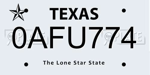 0AFU774 Texas License Plate