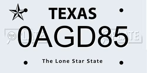 0AGD85 Texas License Plate