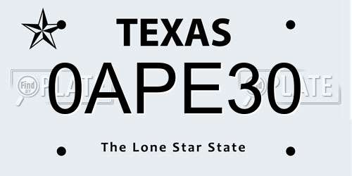 0APE30 Texas License Plate