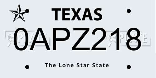 0APZ218 Texas License Plate