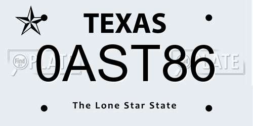 0AST86 Texas License Plate