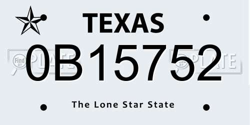 0B15752 Texas License Plate