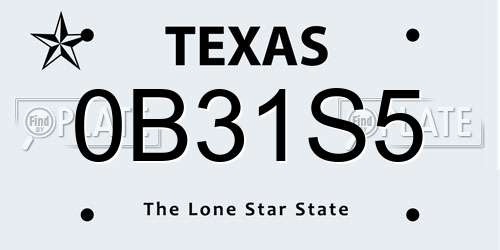 0B31S5 Texas License Plate