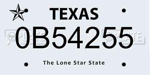 0B54255 Texas License Plate