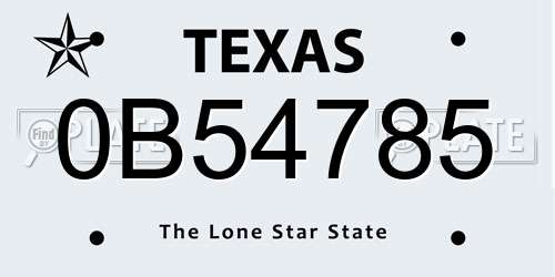 0B54785 Texas License Plate