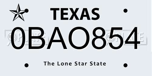 0BAO854 Texas License Plate
