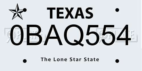 0BAQ554 Texas License Plate