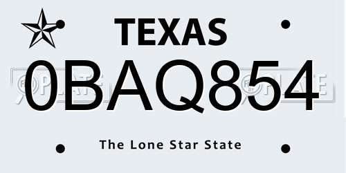 0BAQ854 Texas License Plate